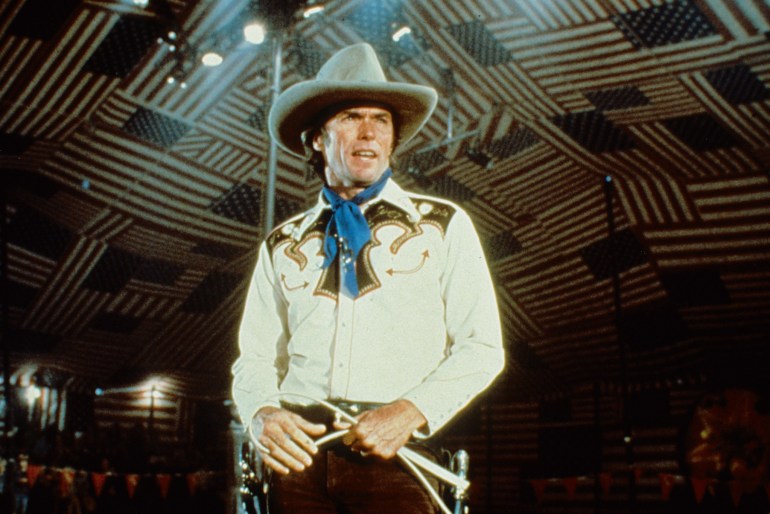 Clint Eastwood in full cowboy attire in a scene from his 1980 film, 'Bronco Billy'. (Photo by Warner Brothers/Getty Images)