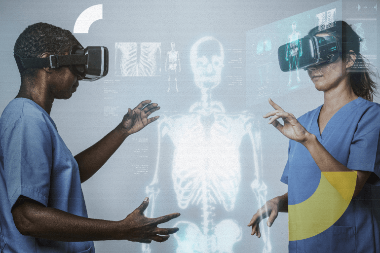 Doctors wearing VR simulation with hologram medical technology