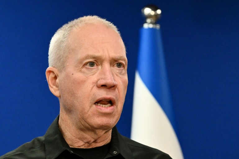 Israel's Defence Minister Yoav Gallant speaks during a joint press conference with US secretary of defence, in Tel Aviv on December 18, 2023. (Photo by Alberto PIZZOLI / AFP)