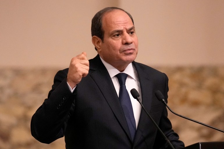 Egyptian President Abdel Fattah el-Sisi gestures during a joint press conference with French President Emmanuel Macron in Cairo, Egypt, Wednesday, Oct. 25, 2023. Christophe Ena/Pool via REUTERS