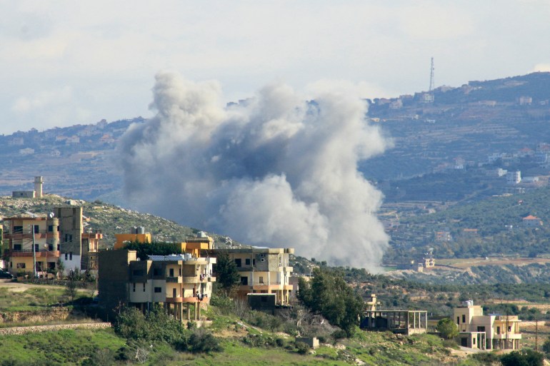 A picture taken from Lebanon's southern village of Majdelzoun shows smoke billowing during an Israeli air strike on its outskirts towards Zibqin village, on January 28, 2024, amid ongoing cross-border tensions as fighting continues between Israel and the Palestinian Hamas group in Gaza. (Photo by KAWNAT HAJU / AFP)