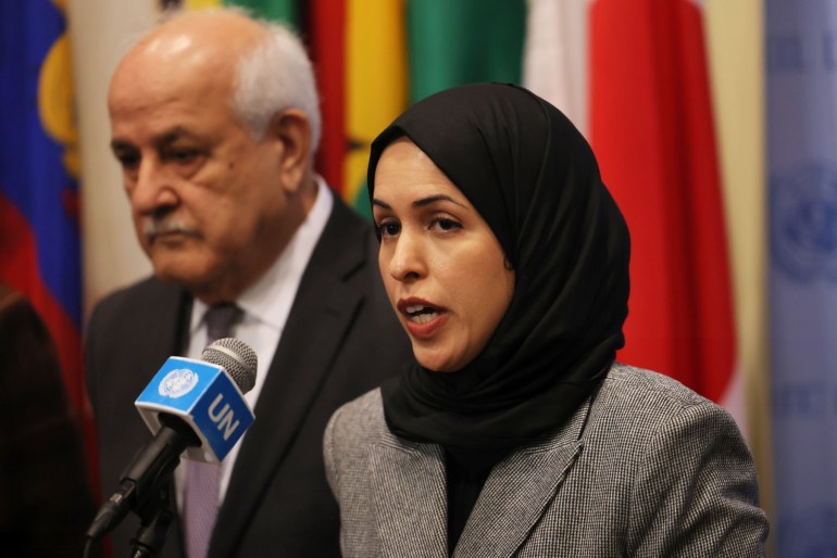 NEW YORK, NEW YORK - FEBRUARY 20: Permanent Representative of the State of Qatar to the United Nations Alya Ahmed Saif Al Thani speaks during a press conference after a UN Security Council meeting on the Middle East at the United Nations headquarters on February 20, 2023 in New York City. The UN Security Council unanimously approved a statement strongly opposing Israel’s continued construction and expansion of settlements. The vote came after the Biden administration helped in derailing a legally binding resolution that demanded a halt to Israeli settlement activity. Michael M. Santiago/Getty Images/AFP (Photo by Michael M. Santiago / GETTY IMAGES NORTH AMERICA / Getty Images via AFP)