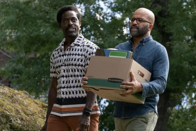 Misanthrophic writer Thelonious “Monk” Ellison (Jeffrey Wright, right) meets up with his hard-partying brother Cliff (Sterling K. Brown) in “American Fiction.”Orion Pictures