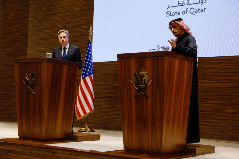 U.S. Secretary of State Antony Blinken and Qatar's Prime Minister and Foreign Minister Sheikh Mohammed bin Abdulrahman Al Thani attend a press conference, during Blinken's week-long trip aimed at calming tensions across the Middle East, in Doha, Qatar, January 7, 2024. REUTERS/Evelyn Hockstein/Pool