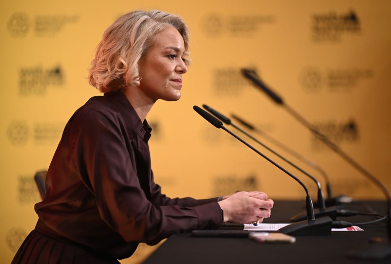 Doha , Qatar - 27 February 2024; Katherine Maher, CEO, Web Summit during a press conference at Media Village on day one of Web Summit Qatar 2024 at the Doha Exhibition and Convention Center in Doha, Qatar. (Photo By Stephen McCarthy/Sportsfile for Web Summit Qatar via Getty Images)