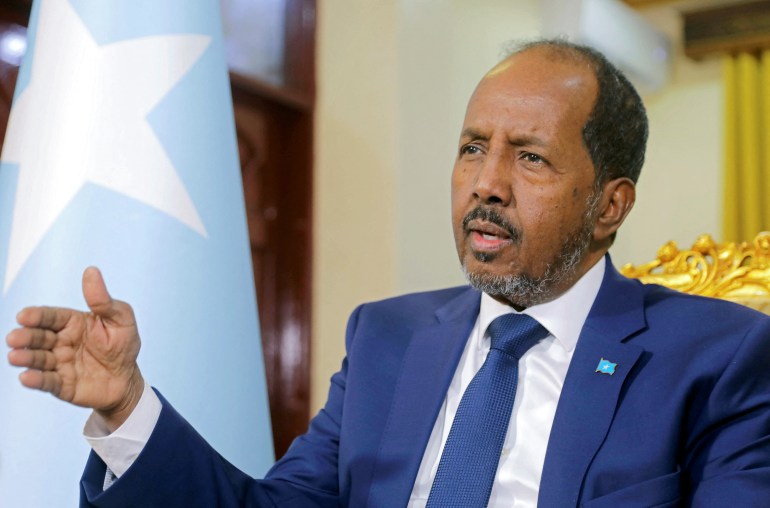 Somalia's President Hassan Sheikh Mohamud speaks during a Reuters interview in Mogadishu