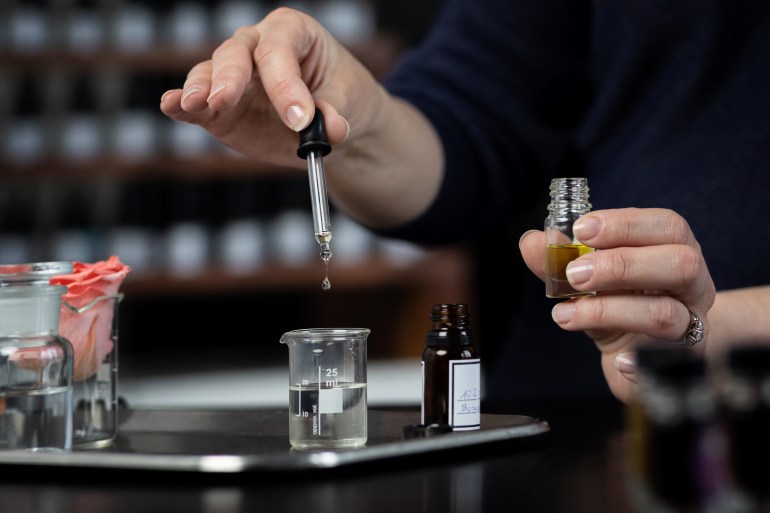 Perfumer making a perfume with tweezers. Perfume bottles in the shelves in the blurry background.