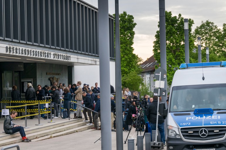 First "Reichsbürger" Trial Begins In Stuttgart STUTTGART, GERMANY - APRIL 29: Journalist and spectators wait for entrance on the the first day of the "Reichsbürger" ("Empire citizens") trial on April 29, 2024 in Stuttgart, Germany. Nine men are facing trial for their involvement in a conspiracy of the "Patriotic Union" led by a far-right aristocrat named Heinrich VIII Prince Reuss, who intended to overthrow the German government and revive the German Empire. Police raided the group in 2022 and arrested 25 people, including Reuss, as well as former Bundestag MP and Alternative for Germany (AfD) member Birgit Malsack-Winkemann and former police and special forces members. Two other trials of accused, including Reuss, will begin in coming weeks in Frankfurt and Munich. (Photo by Thomas Lohnes/Getty Images) DATE 29/04/2024 SIZE 5262 x 3508 Country Germany SOURCE Getty Images/Thomas Lohnes