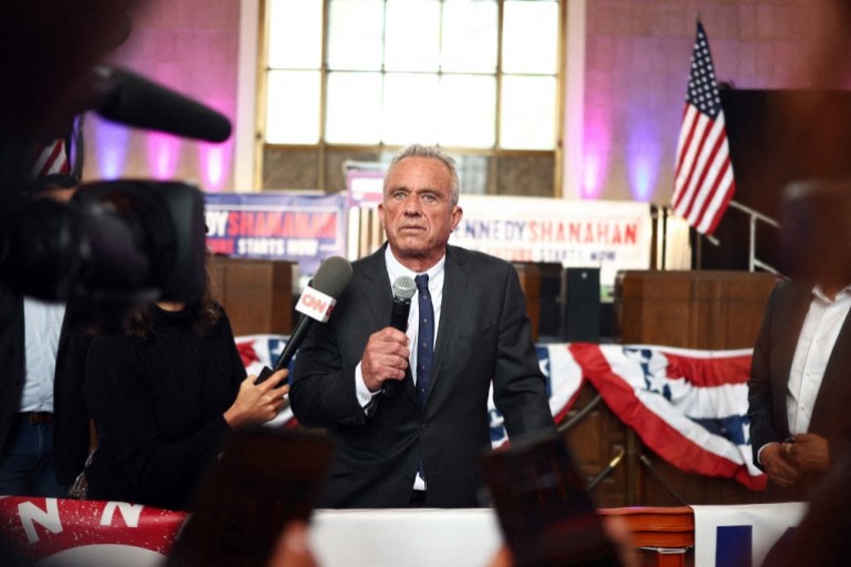 LOS ANGELES, CALIFORNIA - MARCH 30: Independent presidential candidate Robert F. Kennedy Jr. speaks to the media at a Cesar Chavez Day event at Union Station on March 30, 2024 in Los Angeles, California. The 70-year-old candidate is pushing Latino outreach in a long shot Independent bid in the 2024 presidential race. Mario Tama/Getty Images/AFP (Photo by MARIO TAMA / GETTY IMAGES NORTH AMERICA / Getty Images via AFP)