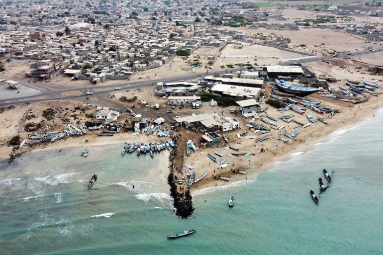 TOPSHOT - A picture taken on February 21, 2022 shows fishing boats moored off Yemen's Red Sea coast in the Khokha district of the war-ravaged country's western province of Hodeida. (Photo by Khaled Ziad / AFP) (Photo by KHALED ZIAD/AFP via Getty Images)