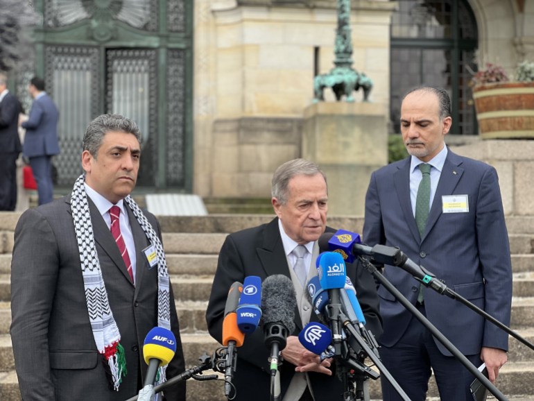 THE HAGUE, NETHERLANDS - APRIL 08: Nicaraguan Ambassador Carlos Jose Arguello Gomez (C) speaks to press after the hearing on Nicaragua's claim that Germany aids Israel's ongoing genocide in the besieged Gaza Strip at the International Court of Justice (ICJ) in The Hague, Netherlands on April 08, 2024. The case concerns alleged violations of the Genocide Convention of 1948 and the Geneva Conventions of 1949 pertaining to international humanitarian law in Palestinian territories. (Photo by Selman Aksunger/Anadolu via Getty Images)