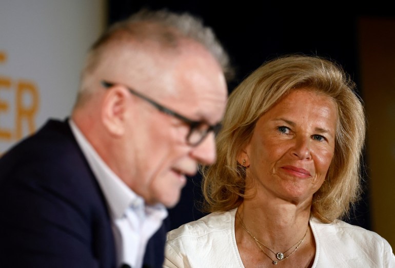 Cannes Film Festival General Delegate Thierry Fremaux and Cannes Film Festival President Iris Knobloch attend the presentation of the official selection of the 77th Cannes International Film Festival in Paris, France, April 11, 2024. REUTERS/Sarah Meyssonnier