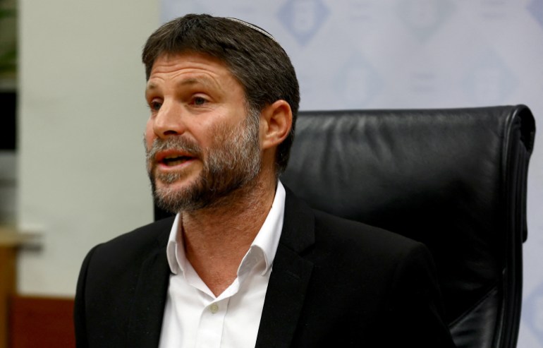 Israeli Finance Minister Bezalel Smotrich speaks to the media in Jerusalem