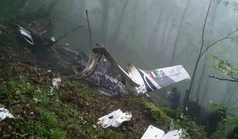 epa11354652 A handout photo made available by Iranian state TV (IRIB) shows the wreckage of a helicopter carrying Iranian President Ebrahim Raisi in the mountainous Varzaghan area, Iran, 20 May 2024. According to Iranian state media, President Raisi, Foreign Minister Hossein Amir Abdolahian and several others were killed in the crash. Raisi was returning after an inauguration ceremony of the joint Iran-Azerbaijan constructed Qiz-Qalasi dam at the Aras River. EPA-EFE/Iranian state TV (IRIB) HANDOUT EDITORIAL USE ONLY/NO SALES HANDOUT EDITORIAL USE ONLY/NO SALES