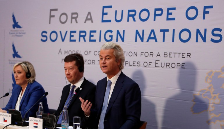 Marine Le Pen, head of France's far-right National Front (FN) party, Tomio Okamura, leader of Czech far-right Freedom and Direct Democracy (SPD) party, and Dutch far-right politician Geert Wilders of the PVV party attend a news conference during a European far-right leaders meeting in Prague, Czech Republic December 16, 2017. REUTERS/David W Cerny