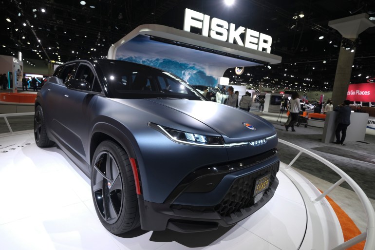 A Fisker's new Ocean electric vehicle is displayed at the 2021 LA Auto Show media day in Los Angeles, November, 18, 2021.