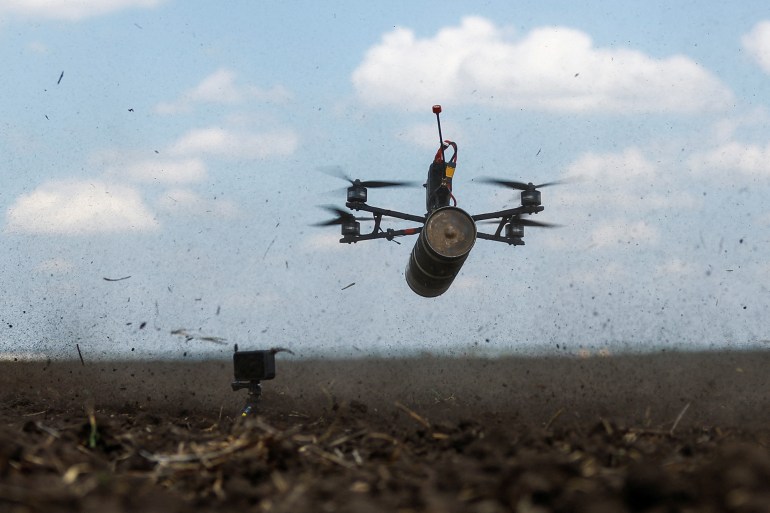 An FPV (first person view) drone of Ukrainian servicemen of the 28th Separate Mechanised Brigade is seen in air during a test flight at a training ground, amid Russia's attack on Ukraine, in Donetsk Region, Ukraine May 3, 2024. REUTERS/Valentyn Ogirenko