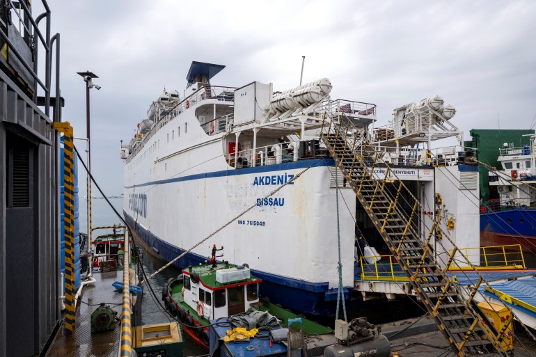 The Akdeniz RoRo, part of the Freedom Flotilla Coalition, is loaded with goods as it is anchored in Tuzla seaport, near Istanbul on April 19, 2024. - A new "freedom flotilla" is ready to set sail for Gaza from the Turkish in order to force the blockade and bring aid to the population of the Palestinian enclave, as soon as it receives the green light from the Turkish authorities. At least three vessels carrying 5,000 tonnes of food, drinking water and medical aid are awaiting the green light from the Turkish authorities to weigh anchor from this port on the Sea of Marmara, south of Istanbul, organizers said April 19, 2024. (Photo by Yasin AKGUL / AFP)