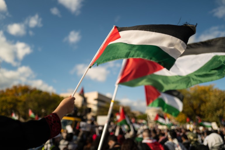 Washington DC, USA - October 21, 2023: Pro-Palestine, anti-Israel protesters. Israel and Palestine in the Gaza ...