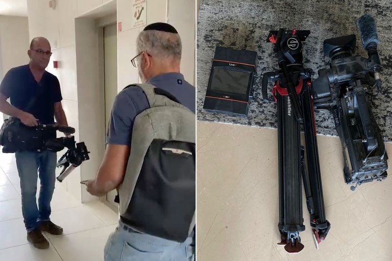 AP video equipment is laid on the floor of an apartment block in Sderot, Southern Israel, shortly before it was seized by Israeli officials, Tuesday, May 21, 2024. Israeli officials seized the camera and broadcasting equipment belonging to The Associated Press in southern Israel on Tuesday, accusing the news organization of violating the country's new ban on Al Jazeera. Shortly before the equipment was seized, it was broadcasting a general view of northern Gaza. (AP Photo/Josphat Kasire)