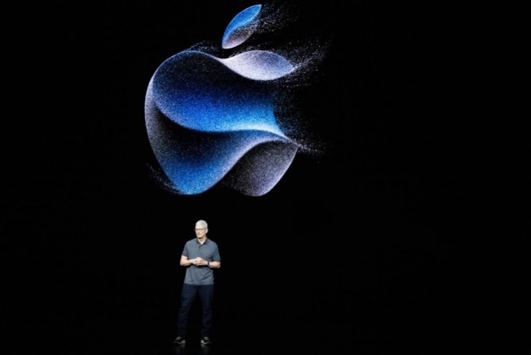 Tim Cook, chief executive officer of Apple Inc., speaks during a launch event for the new Apple iPhone 15 at Apple Park in Cupertino, California, on September 12, 2023. (Photo by Nic Coury / AFP)