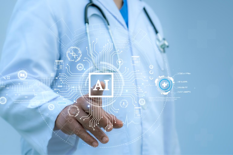 Medical worker touch virtual medical revolution and advance of technology Artificial Intelligence,AI Deep Learning for medical research,Transformation of innovation and technology for future Health