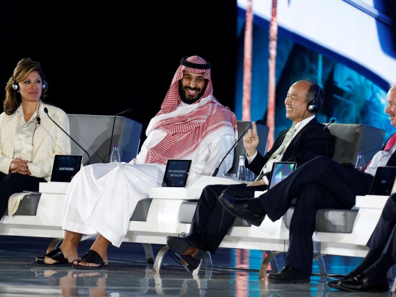 Saudi Crown Prince Mohammed bin Salman and Masayoshi Son, SoftBank Group Corp. Chairman and CEO, attend the Future Investment Initiative conference in Riyadh, Saudi Arabia October 24, 2017. REUTERS/Faisal Al Nasser