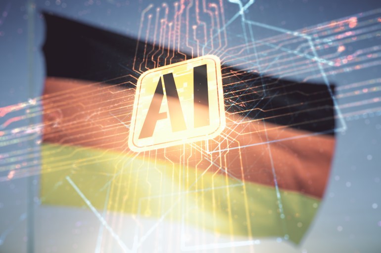 Double exposure of creative artificial Intelligence icon on German flag and blue sky background. Neural networks and machine learning concept