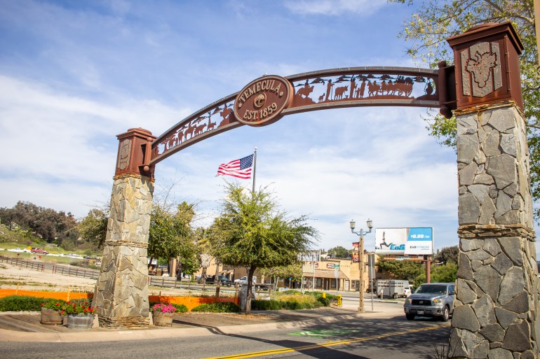 Temecula, California, United States - 04-08-2019: A view of the entrance overhanging sign for downtown Temecula.