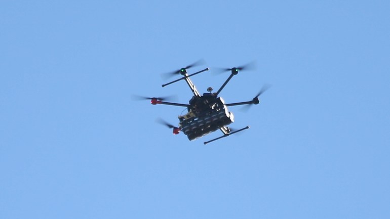 Israeli forces intervene in Palestinian protest in Ramallah- - RAMALLAH, WEST BANK - DECEMBER 14: Israeli drones intervene in Palestinians' protest against Jewish settlement construction and discrimination wall near the Beit El military checkpoint in Ramallah, West Bank on December 14, 2018.