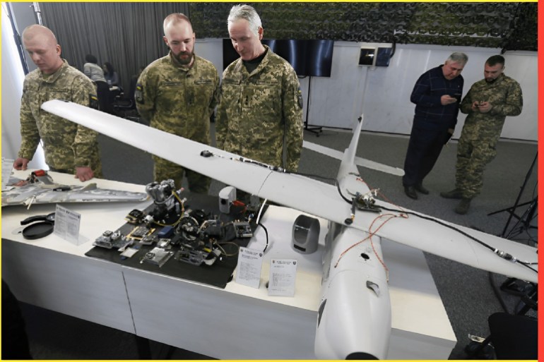 Parts of UAV (unmanned aerial vehicles): Orlan-10, Granat-3 , Shahed-136, Eleron-3-SV, used by the Russia against Ukraine, are seen during a media briefing of the Security and Defense Forces of Ukraine in Kyiv, Ukraine on 15 December 2022, amid Russian invasion of Ukraine. Security and Defense Forces of Ukraine representatives held a media briefing about situation on the Russian-Ukrainian war and the security situation in Ukraine. (Photo by STR/NurPhoto via Getty Images)