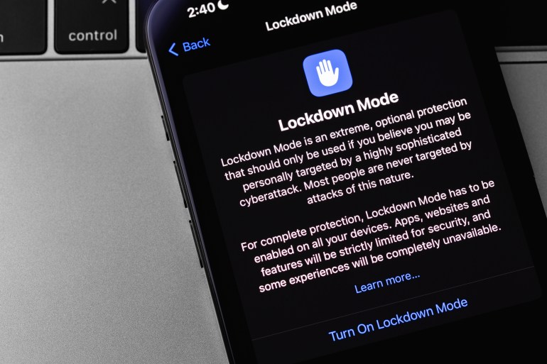 Apple Lockdown Mode settings on a screen iPhone smartphone. Lockdown Mode helps protect devices against extremely rare and highly sophisticated cyber attacks. Batumi, Georgia - November 4, 2023