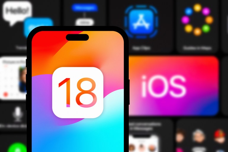 California, United States - Jan 02 2024: Apple IOS 18 Logo is displayed in an iPhone screen. IOS User Interface in the background. iOS 18 is set to be a major upcoming update to the iPhone.