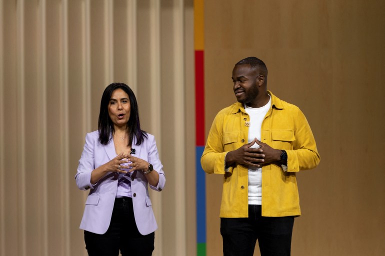 Product managers Shenaz Zack and Kenny Sulaimon present their new AI powered Pixel phones photo features during a Made for Google Event in Mountain View, California, U.S. August 13, 2024. Google unveils a new line of Pixel smartphones, plus a new smart watch and wireless earbuds at its annual hardware event. رويترز