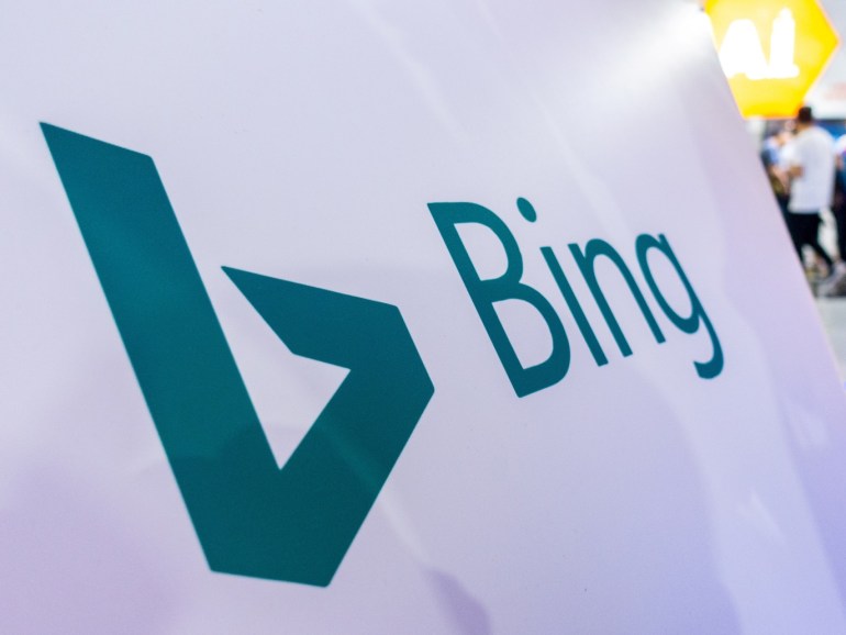 A sign of Microsoft Corp's Bing search engine is seen at the World Artificial Intelligence Conference (WAIC) in Shanghai, China September 21, 2018. Picture taken September 21, 2018. REUTERS/Stringer ATTENTION EDITORS - THIS IMAGE WAS PROVIDED BY A THIRD PARTY. CHINA OUT.