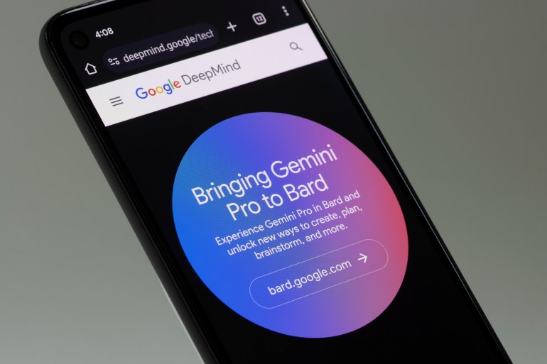 Portland, OR, USA - Dec 7, 2023: Webpage of Google's Gemini is seen on a Google Pixel smartphone. Google's Gemini AI model now powers the Bard chatbot.