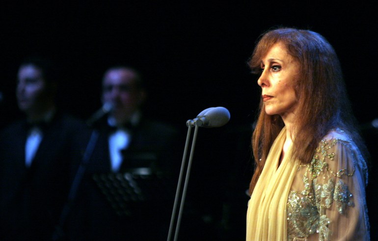 - PHOTO TAKEN 18MAY06 - Lebanese singer Fairuz performs at the Emirates Palace theatre in Abu Dhabi, May 18, 2006. [Fairuz sang with a 40-member orchestra led by Armenian conductor Karen Durgarian. Picture taken on May 18, 2006.]