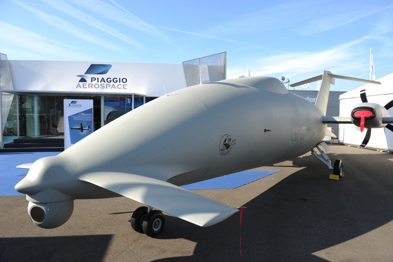 A full-scale mockup of the Piaggio Aerospace's P.1 HH Hammerhead unmanned aerial system is presented at the International Paris Airshow at Le Bourget on June 17, 2015. AFP PHOTO / ERIC PIERMONT (Photo by ERIC PIERMONT / AFP)