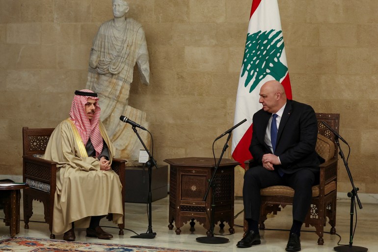 Saudi Arabia's Foreign Minister Prince Faisal bin Farhan Al Saud meets with Lebanese President Joseph Aoun at the presidential palace, in Baabda, Lebanon January 23, 2025. REUTERS/Mohamed Azakir